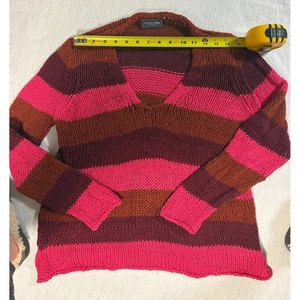 Wooden Ships Paola Buendia Striped V-Neck Knit Sweater Pink Burgundy Rust S/M